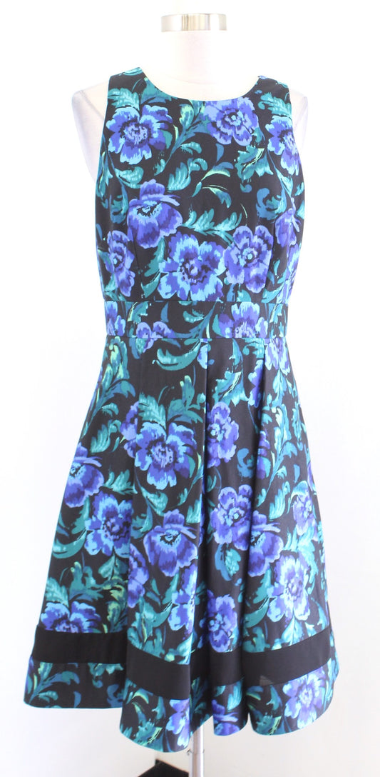 Eliza J Black Blue Floral Print Fit & Flare Mesh Stripe Cocktail Party Dress 10