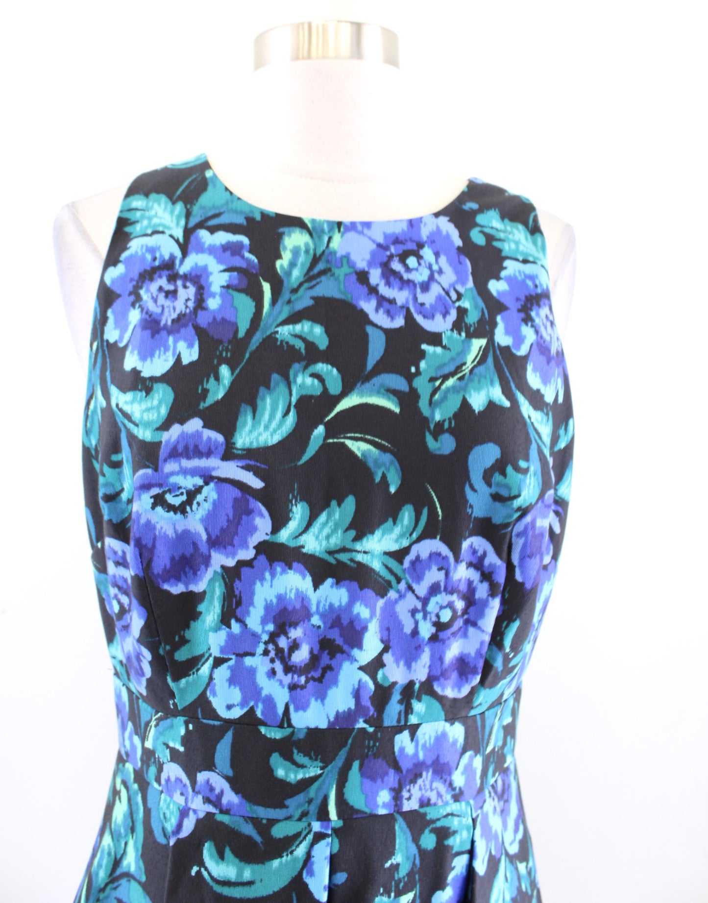 Eliza J Black Blue Floral Print Fit & Flare Mesh Stripe Cocktail Party Dress 10