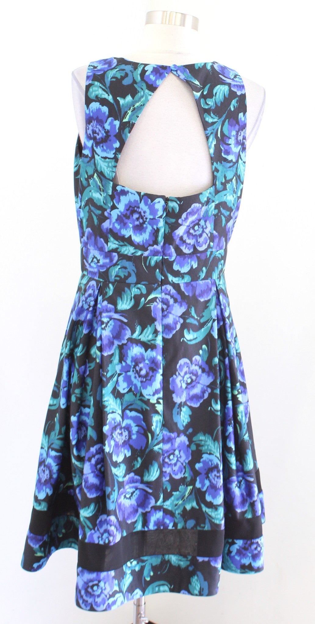 Eliza J Black Blue Floral Print Fit & Flare Mesh Stripe Cocktail Party Dress 10