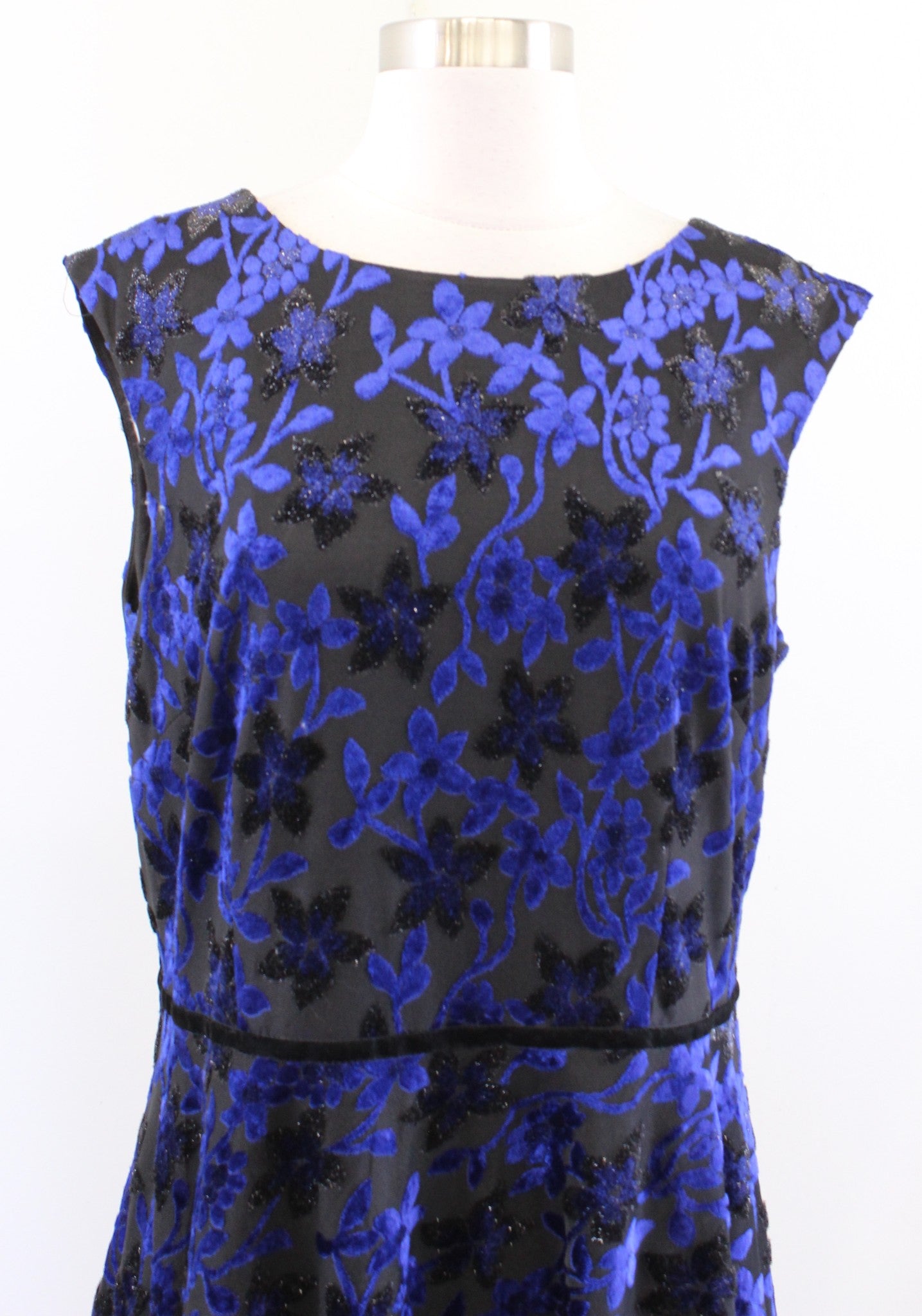Tahari ASL Levine Black Blue Metallic Burnout Velvet Fit and Flare Dress Size 12