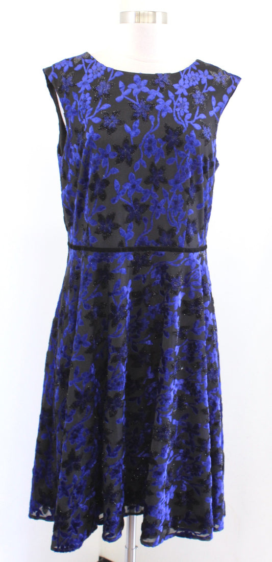 Tahari ASL Levine Black Blue Metallic Burnout Velvet Fit and Flare Dress Size 12