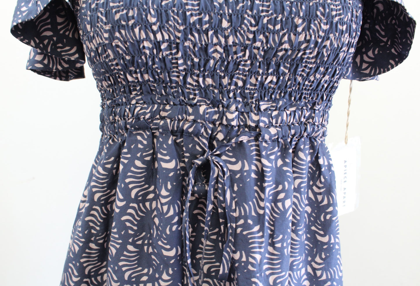 NWT Apiece Apart Lamu Blue Silk Smocked Ruffle Off the Shoulder Midi Dress Sz 2