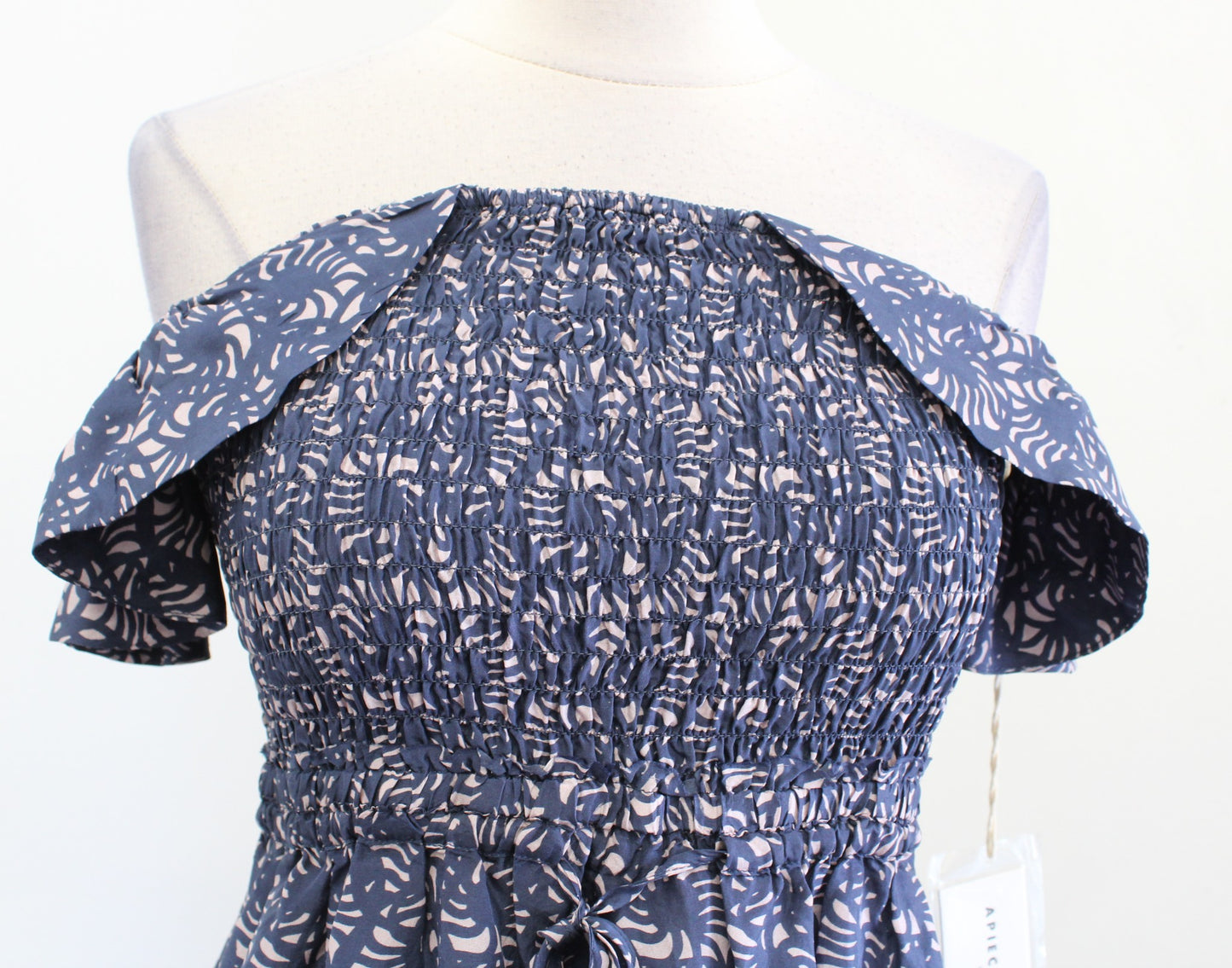 NWT Apiece Apart Lamu Blue Silk Smocked Ruffle Off the Shoulder Midi Dress Sz 2