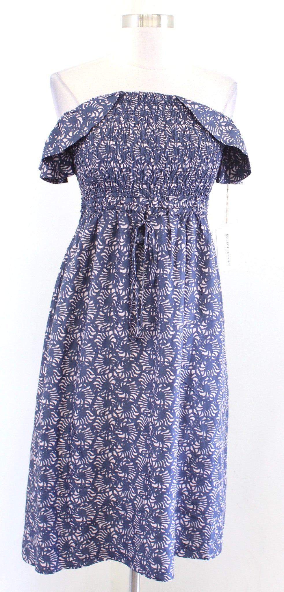 NWT Apiece Apart Lamu Blue Silk Smocked Ruffle Off the Shoulder Midi Dress Sz 2