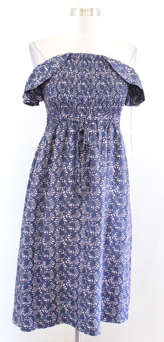 NWT Apiece Apart Lamu Blue Silk Smocked Ruffle Off the Shoulder Midi Dress Sz 2