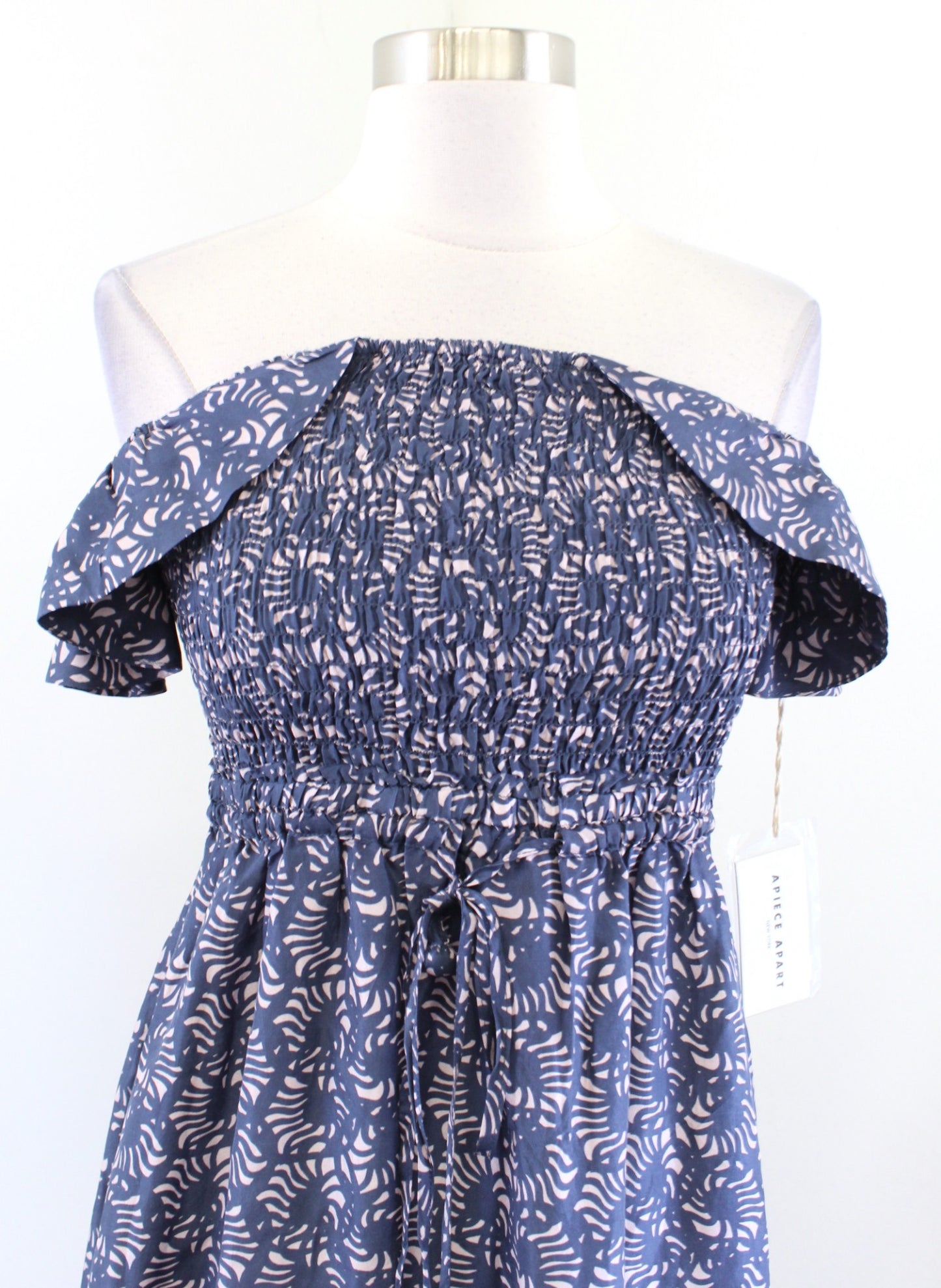 NWT Apiece Apart Lamu Blue Silk Smocked Ruffle Off the Shoulder Midi Dress Sz 2