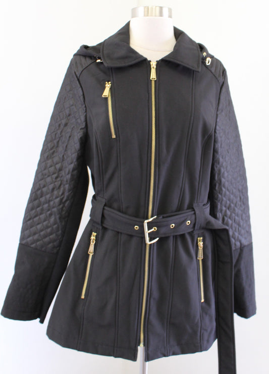 Michael Kors Black Gold Soft Shell Quilted Sleeve Moto Style Jacket Coat Size M