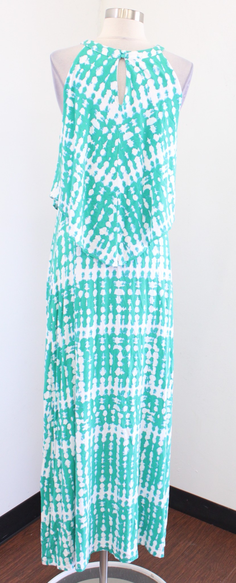 Chicos Green Tie Dye Batik Popover Breezy Maxi Dress Size 1 Sleeveless Layered