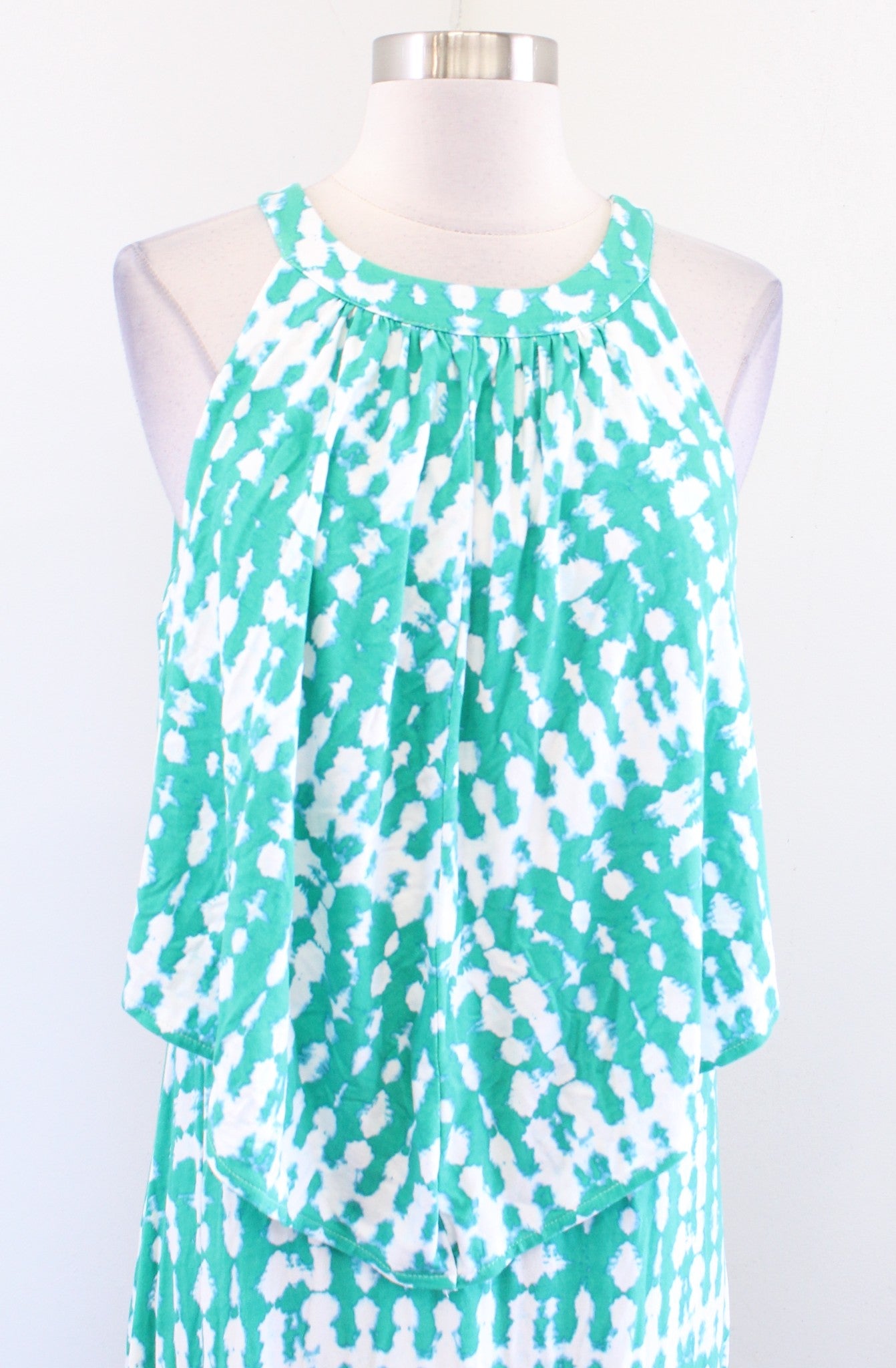 Chicos Green Tie Dye Batik Popover Breezy Maxi Dress Size 1 Sleeveless Layered