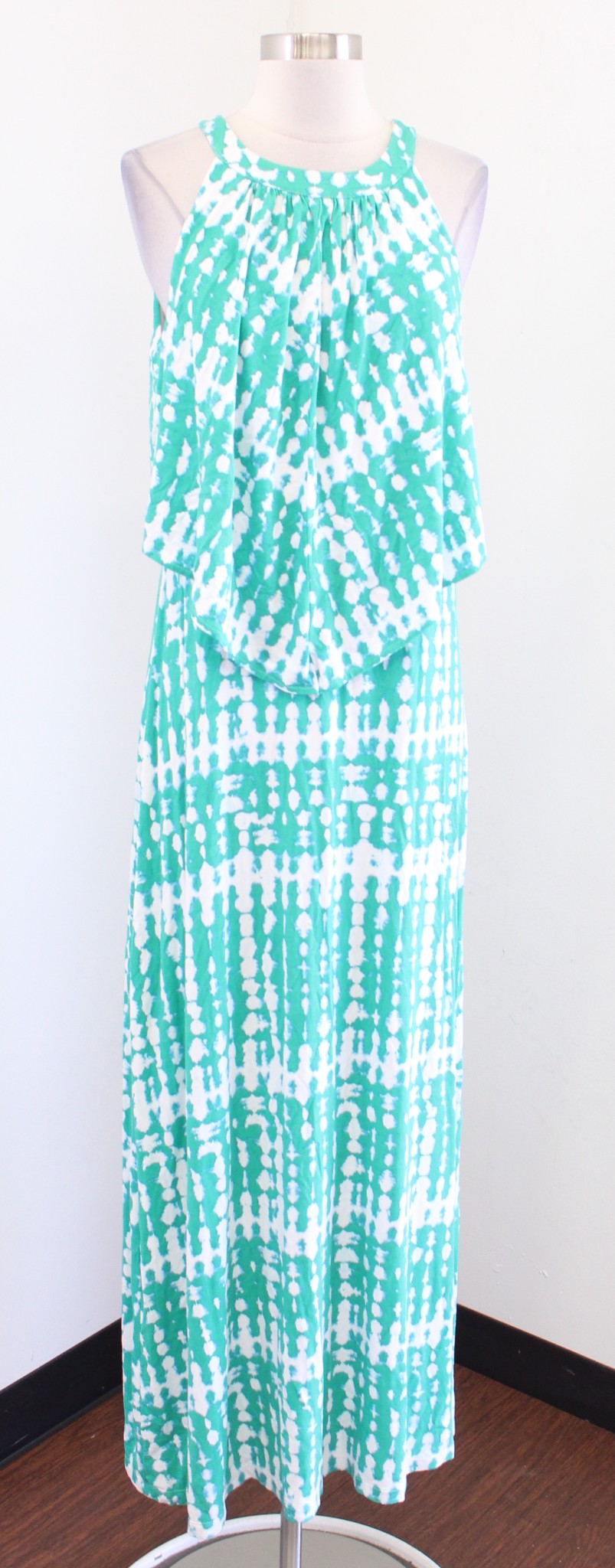 Chicos Green Tie Dye Batik Popover Breezy Maxi Dress Size 1 Sleeveless Layered