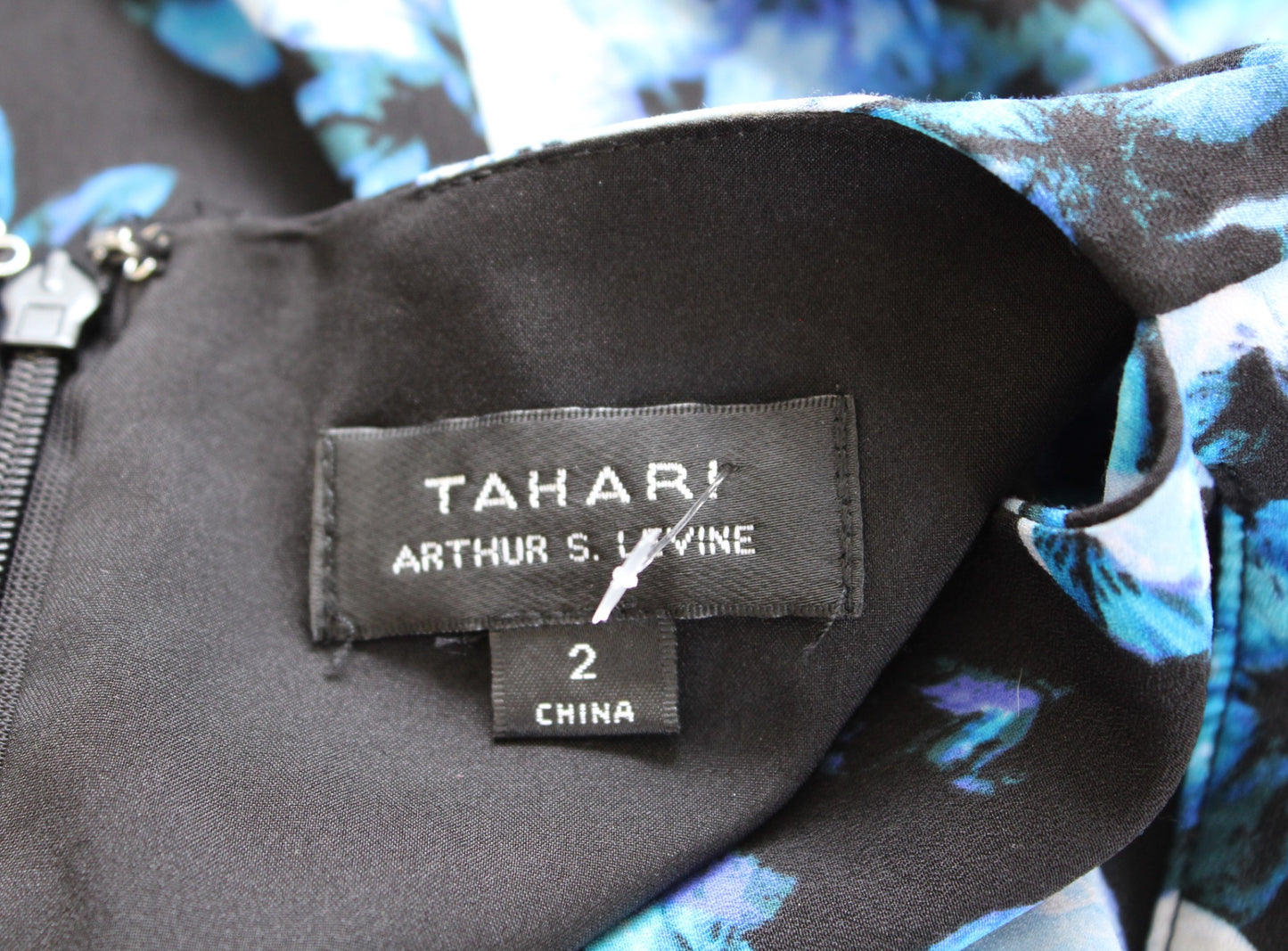 Tahari ASL Levine Black Blue Floral Side Tie Faux Wrap Ruffle Flounce Dress Sz 2