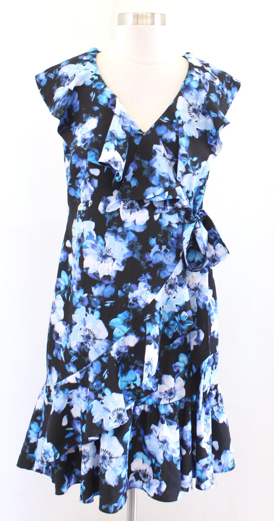 Tahari ASL Levine Black Blue Floral Side Tie Faux Wrap Ruffle Flounce Dress Sz 2