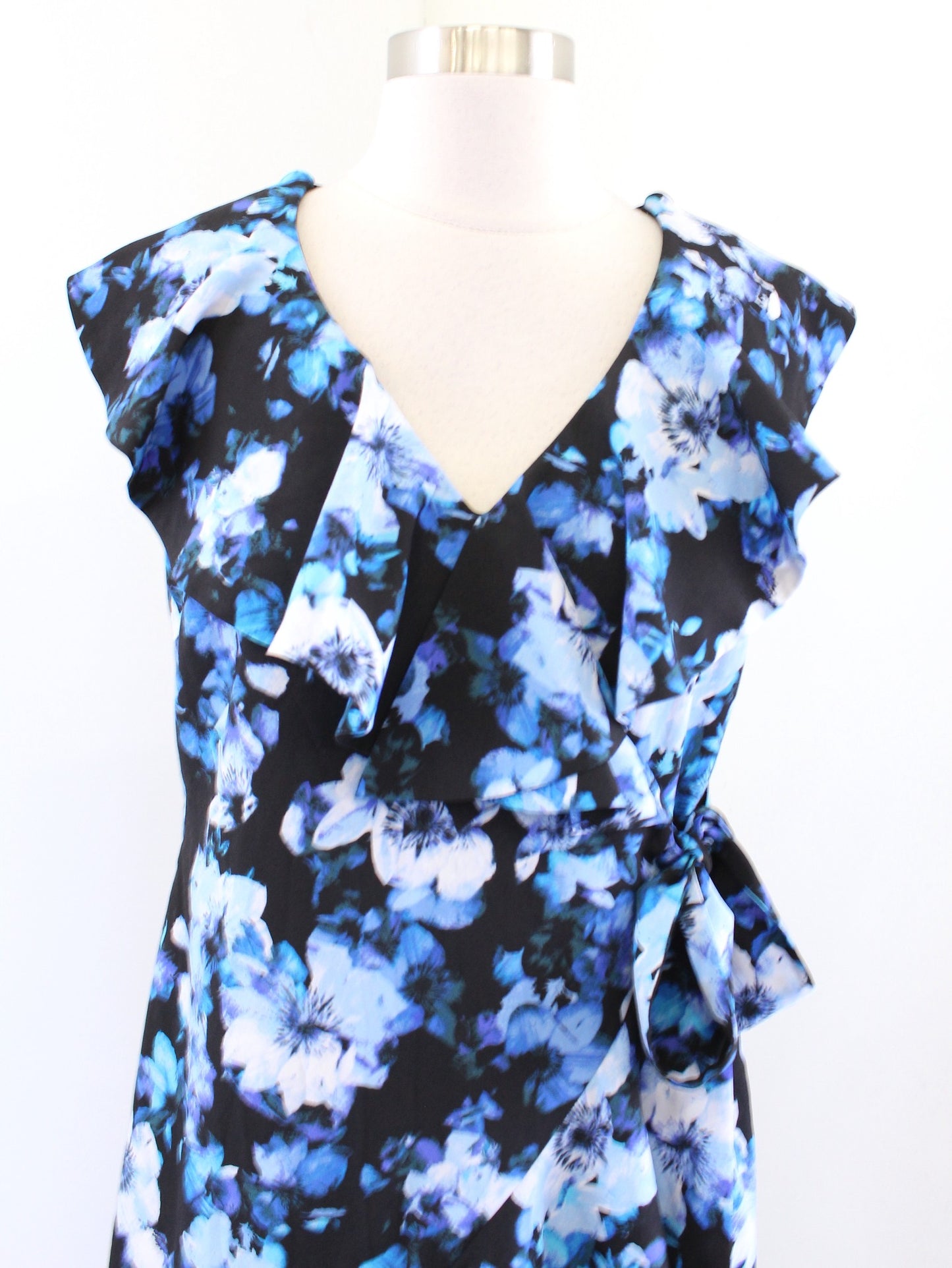 Tahari ASL Levine Black Blue Floral Side Tie Faux Wrap Ruffle Flounce Dress Sz 2