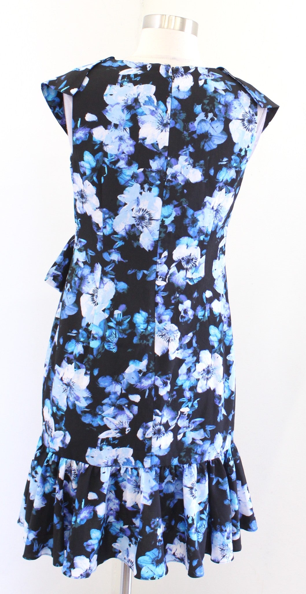 Tahari ASL Levine Black Blue Floral Side Tie Faux Wrap Ruffle Flounce Dress Sz 2