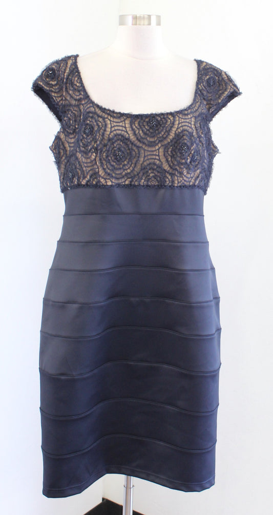 T by Tadashi Shoji Navy Blue Satin Bandage Lace Sheath Dress Size 16 Cocktail