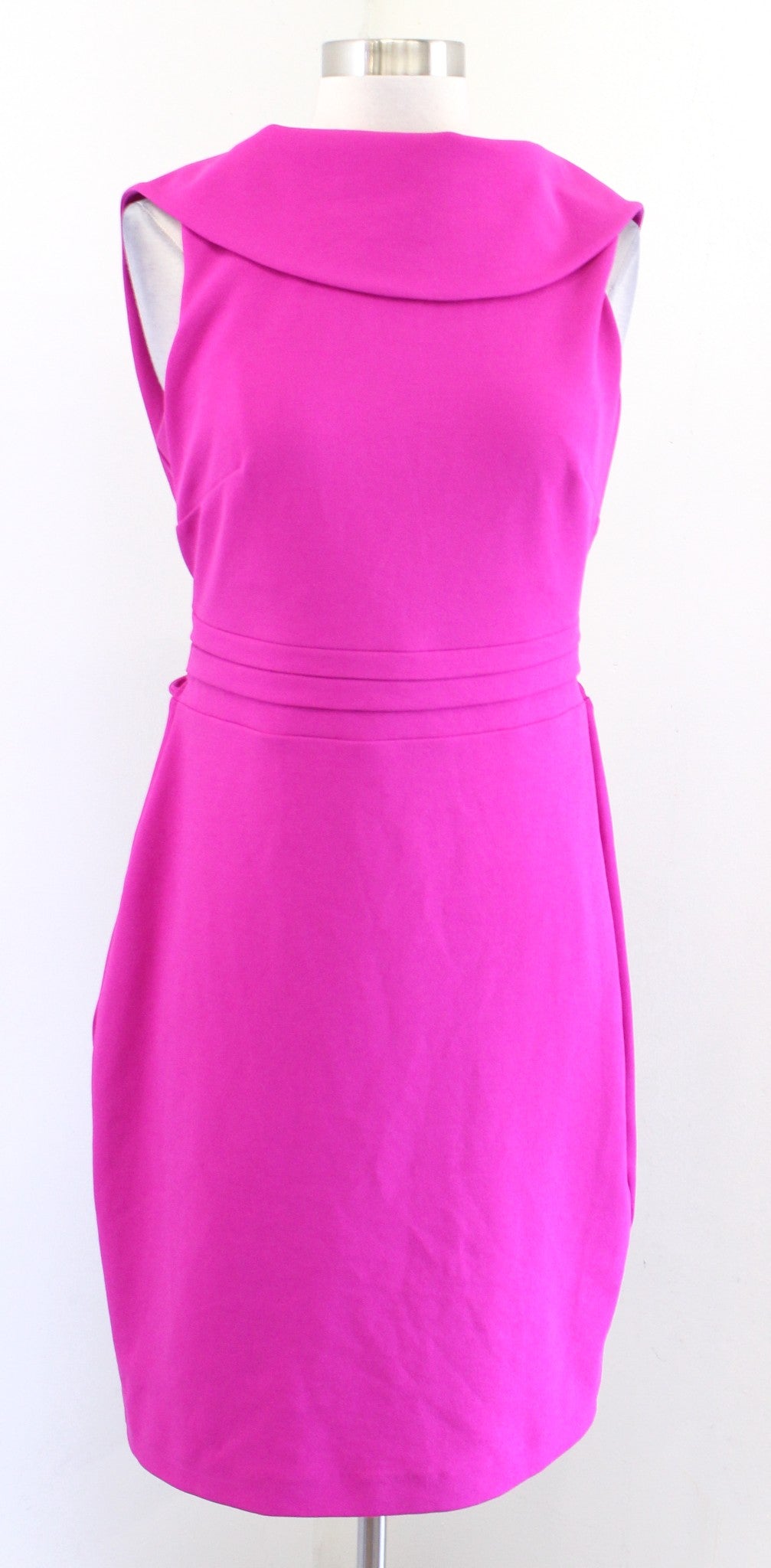 Belle Badgley Mischka Fuschia Foldover Collar Cutout Back Tie Waist Dress Sz 10