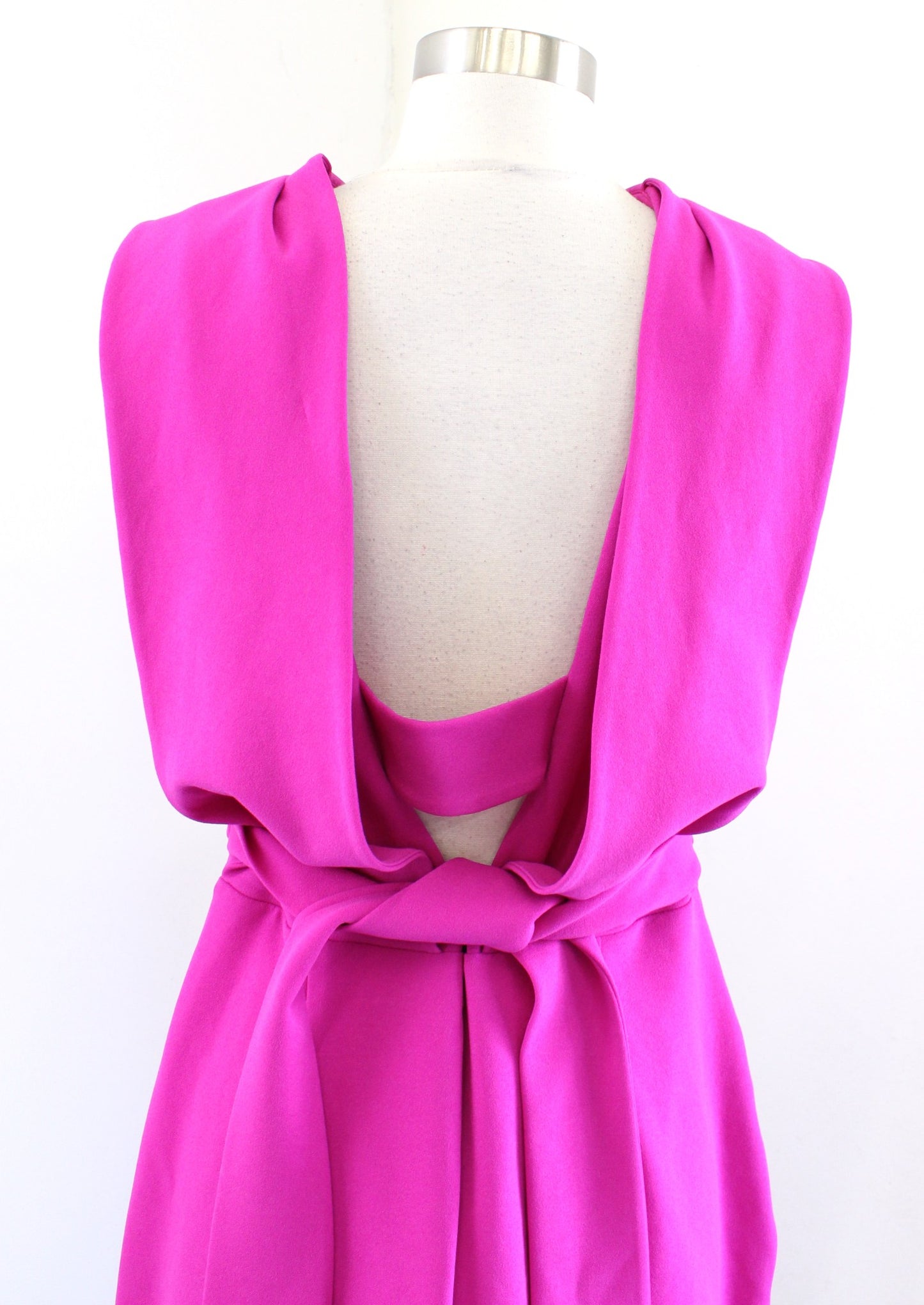 Belle Badgley Mischka Fuschia Foldover Collar Cutout Back Tie Waist Dress Sz 10
