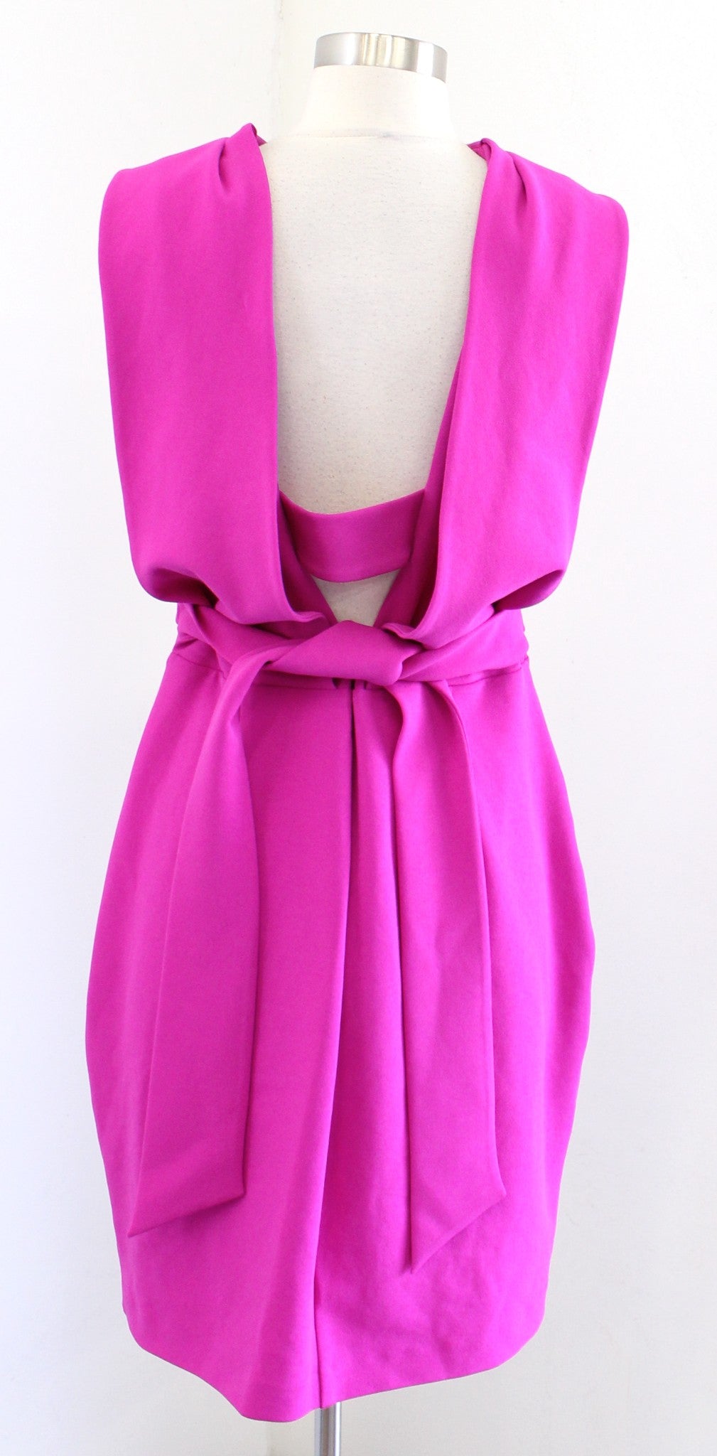 Belle Badgley Mischka Fuschia Foldover Collar Cutout Back Tie Waist Dress Sz 10