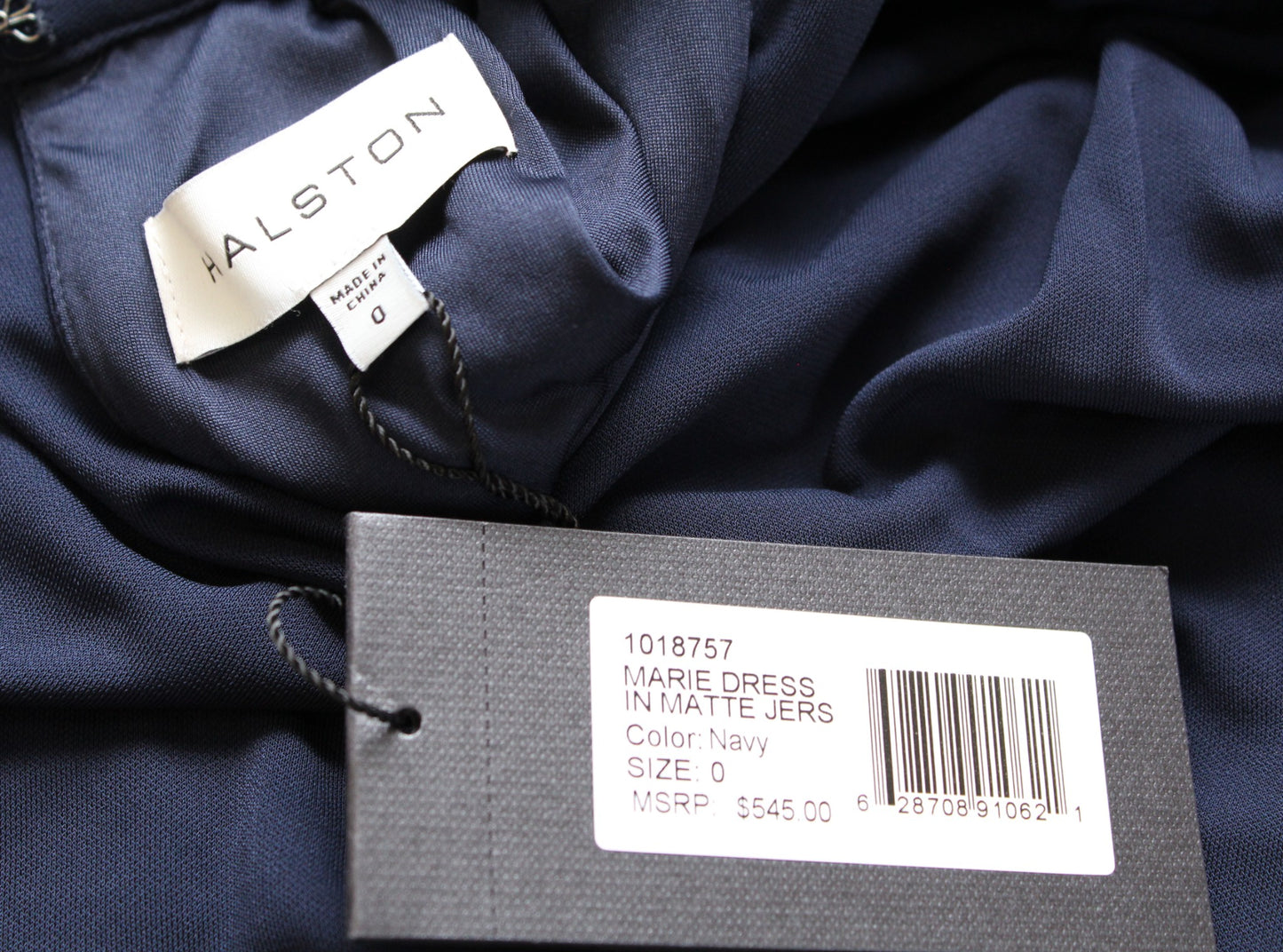 NWT $545 Halston Marie Navy Blue Halter Draped Asymmetrical Hem Jersey Dress 0