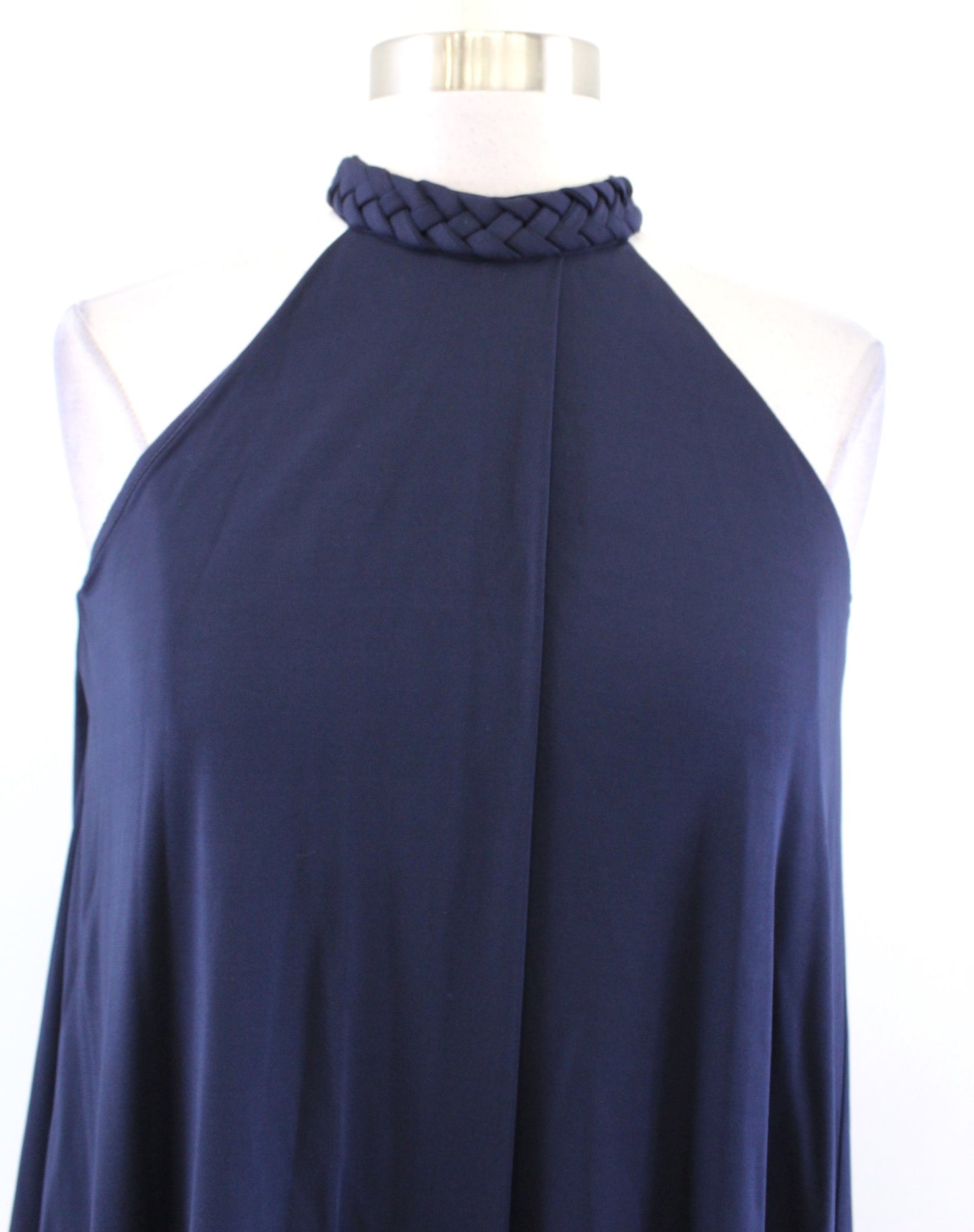 NWT $545 Halston Marie Navy Blue Halter Draped Asymmetrical Hem Jersey Dress 0
