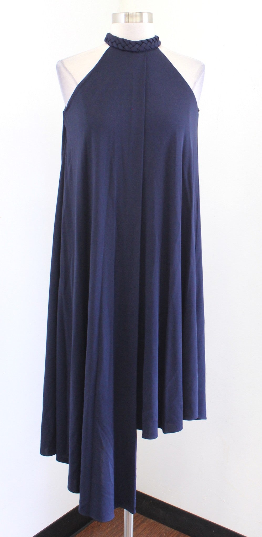 NWT $545 Halston Marie Navy Blue Halter Draped Asymmetrical Hem Jersey Dress 0