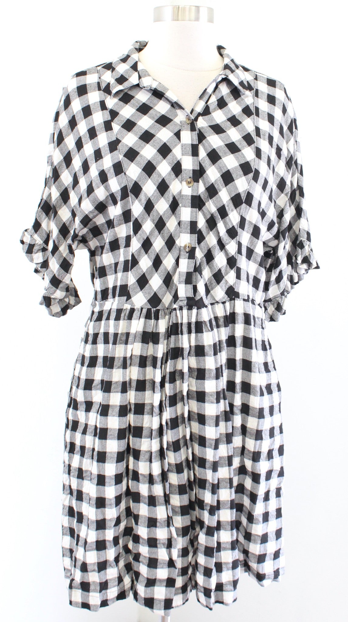 Porridge Anthropologie Dinah Black White Gingham Plaid Shirt Dress Size M