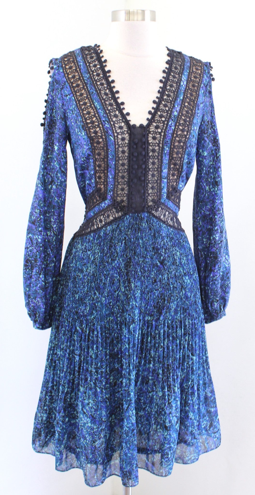 NWT $595 Rebecca Taylor Blue Floral Crochet Lace Cutout Cold Shoulder Dress Sz 0