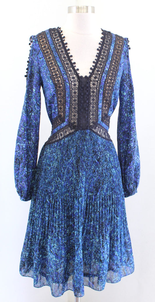 NWT $595 Rebecca Taylor Blue Floral Crochet Lace Cutout Cold Shoulder Dress Sz 0