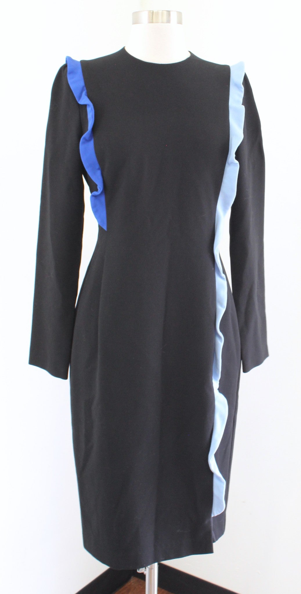 Black Halo Womens Black Blue Ruffle Trim Long Sleeve Sheath Dress Size 6 Career