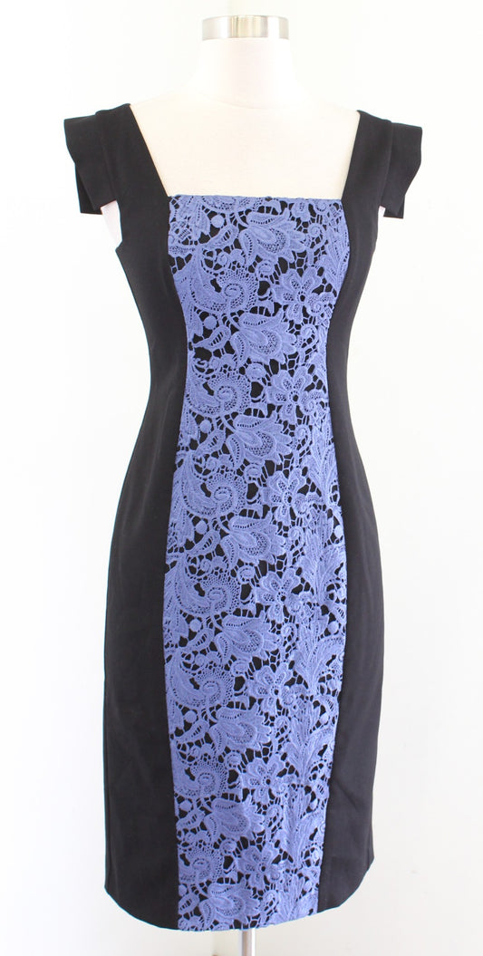 Black Halo Francisca Black Blue Lace Panel Square Neck Sheath Dress Sz 0 Career