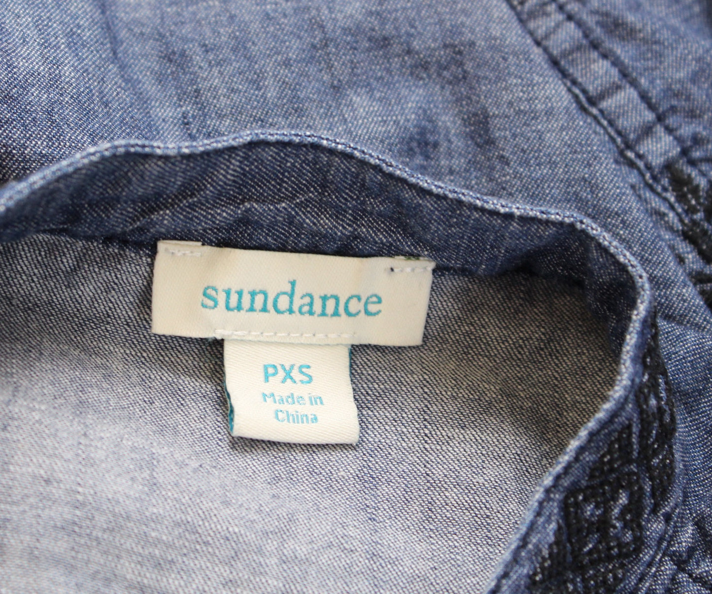 Sundance Catalog Lennon Demin Chambray Floral Embroidered Blouse Shirt PXS XSP Long sleeve