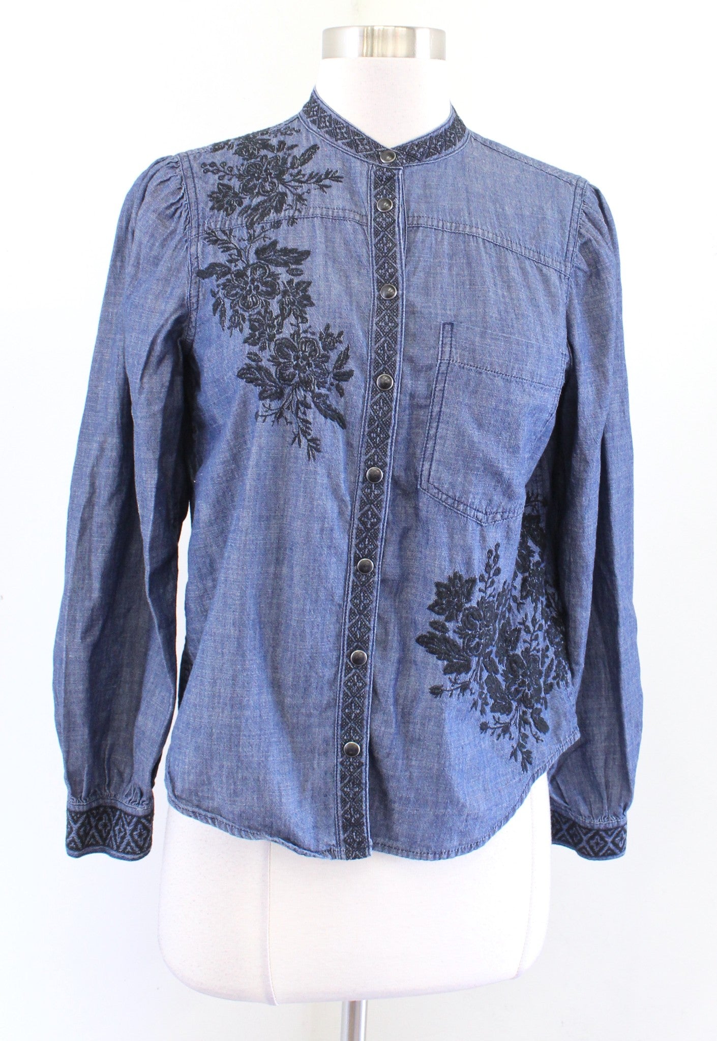 Sundance Catalog Lennon Demin Chambray Floral Embroidered Blouse Shirt PXS XSP Long sleeve