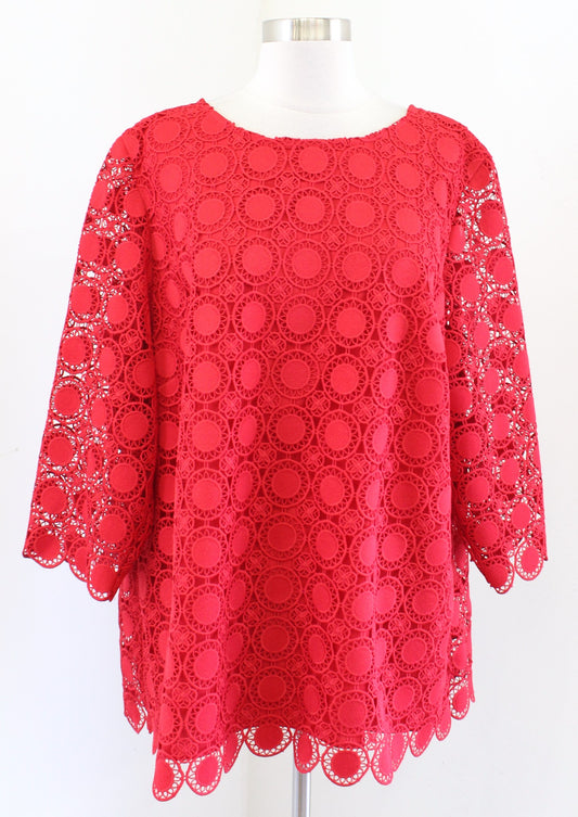 Talbots Womens Plus Red Scalloped Medallion Textured Top Blouse Size 2x