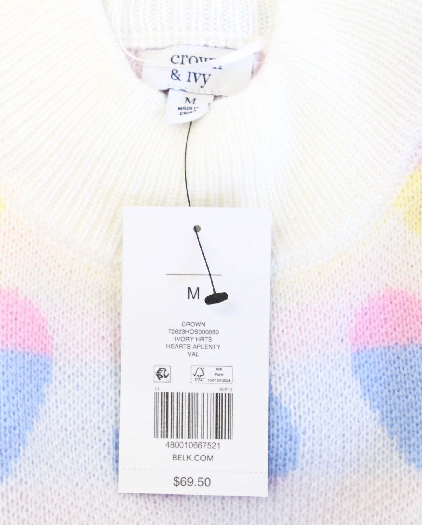 NWT Ivory Rainbow Pastel Colorful Heart Print Ruffle Sweater Sz M Crown and Ivy