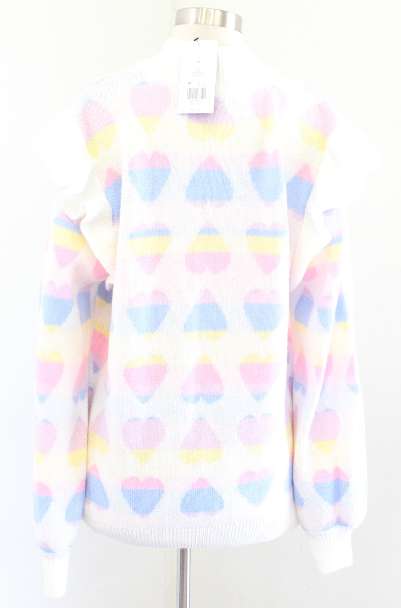 NWT Ivory Rainbow Pastel Colorful Heart Print Ruffle Sweater Sz M Crown and Ivy