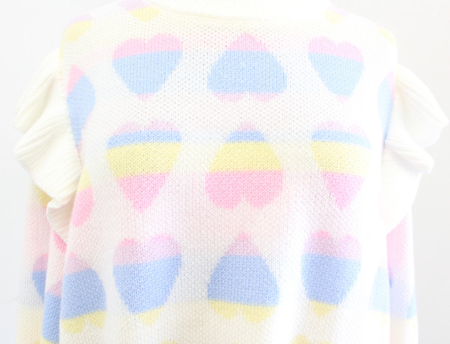NWT Ivory Rainbow Pastel Colorful Heart Print Ruffle Sweater Sz M Crown and Ivy