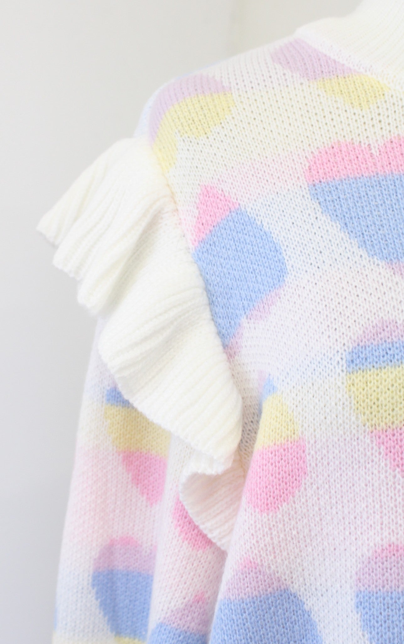 NWT Ivory Rainbow Pastel Colorful Heart Print Ruffle Sweater Sz M Crown and Ivy