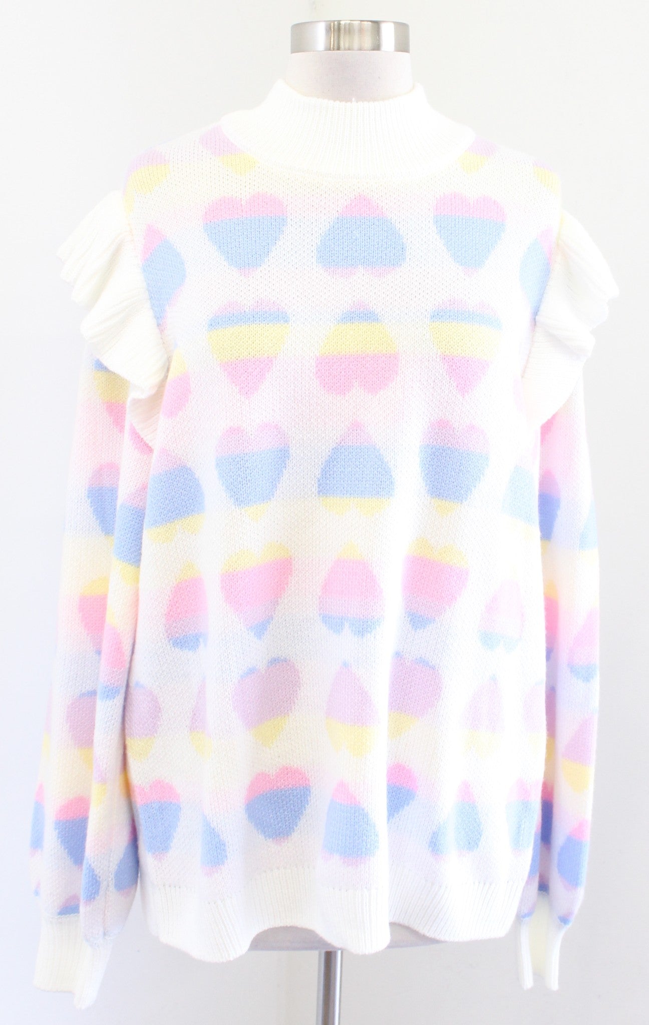 NWT Ivory Rainbow Pastel Colorful Heart Print Ruffle Sweater Sz M Crown and Ivy