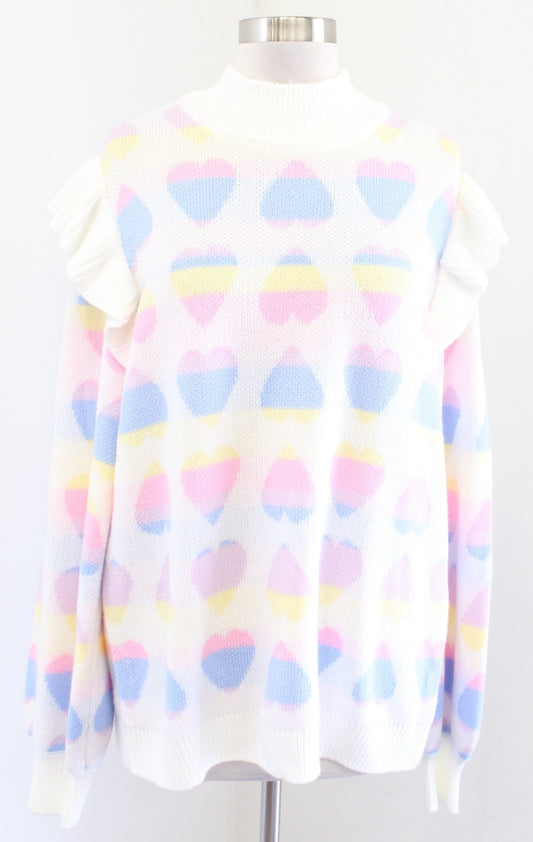 NWT Ivory Rainbow Pastel Colorful Heart Print Ruffle Sweater Sz M Crown and Ivy