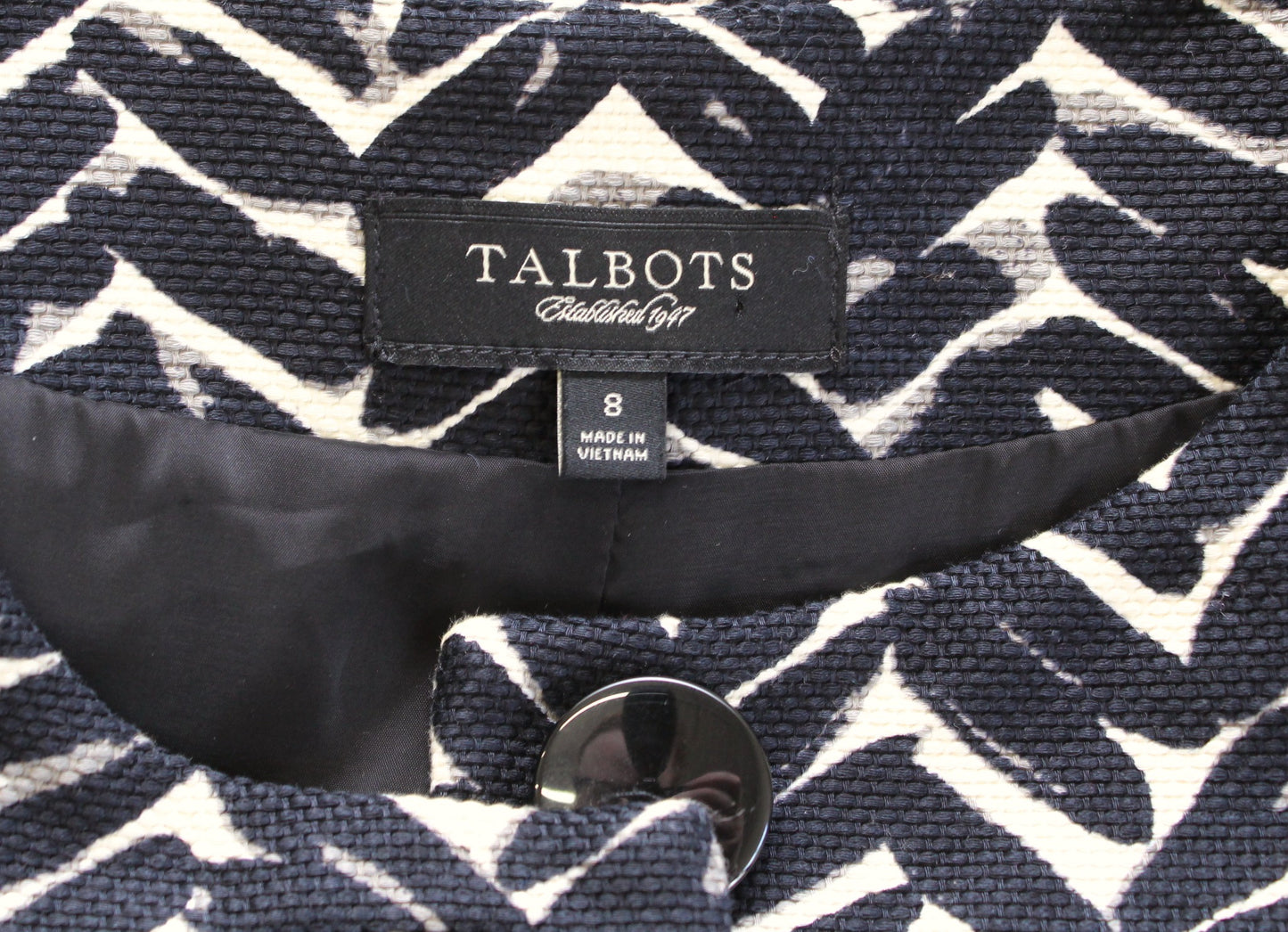 Talbots Womens Black Cream Herringbone Print Car Coat Longline Jacket Size 8