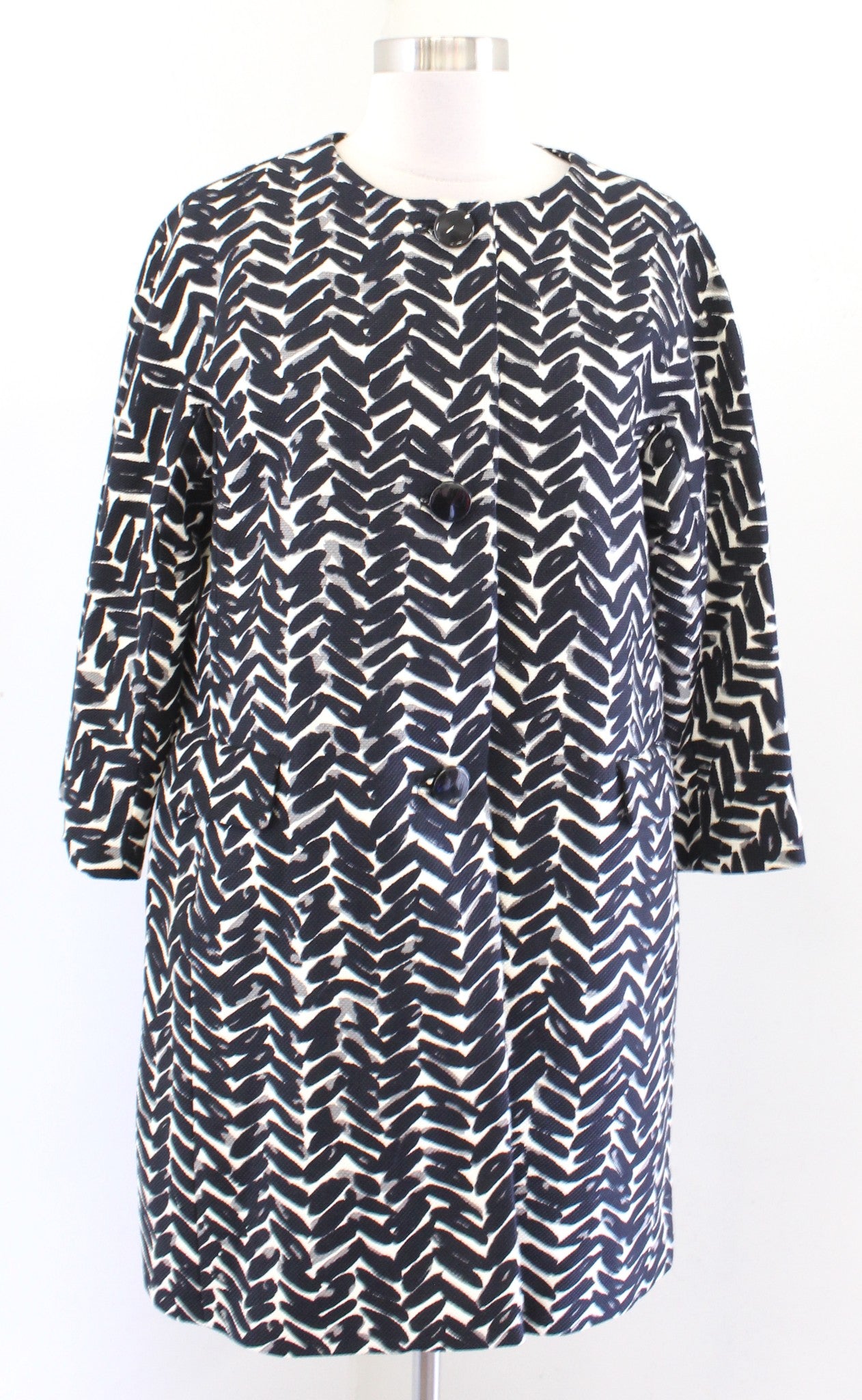 Talbots Womens Black Cream Herringbone Print Car Coat Longline Jacket Size 8