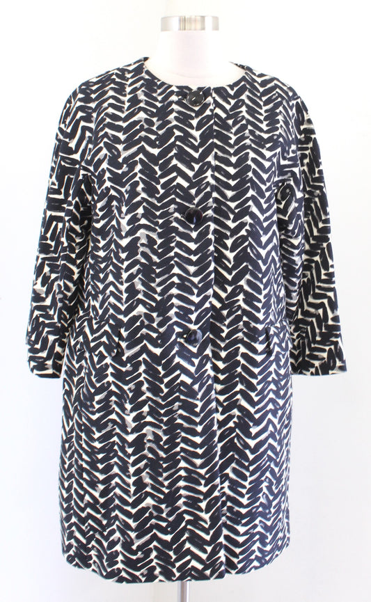 Talbots Womens Black Cream Herringbone Print Car Coat Longline Jacket Size 8