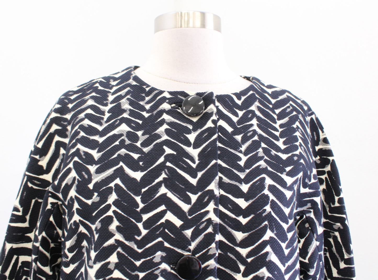 Talbots Womens Black Cream Herringbone Print Car Coat Longline Jacket Size 8