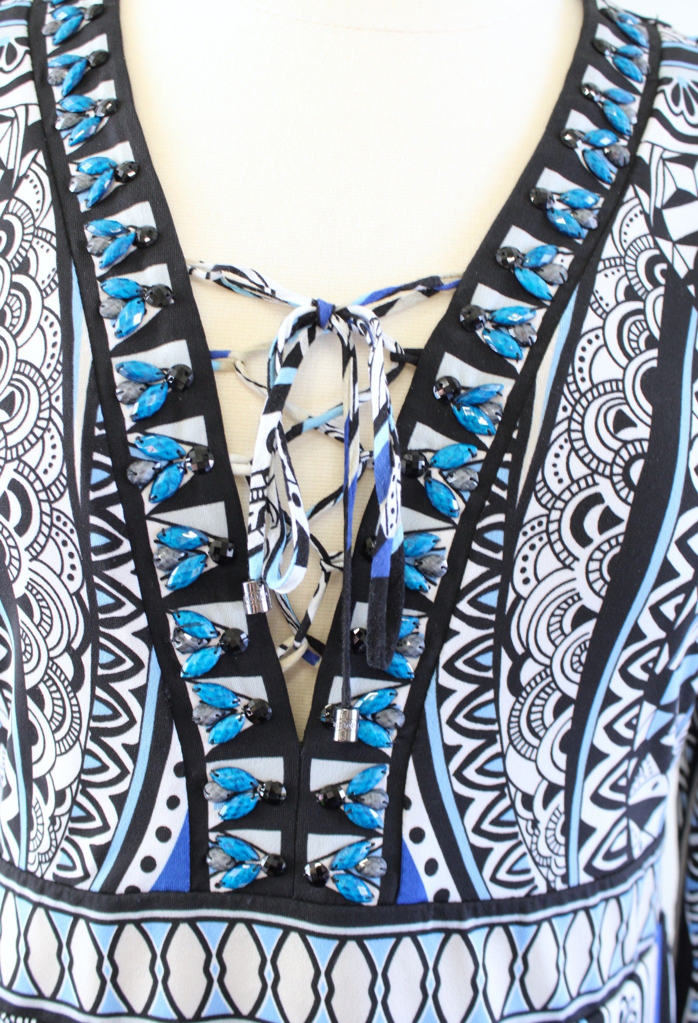 Hale Bob Black Blue Geometric Mosaic Print Lace Up Beaded Neckline Dress Size M