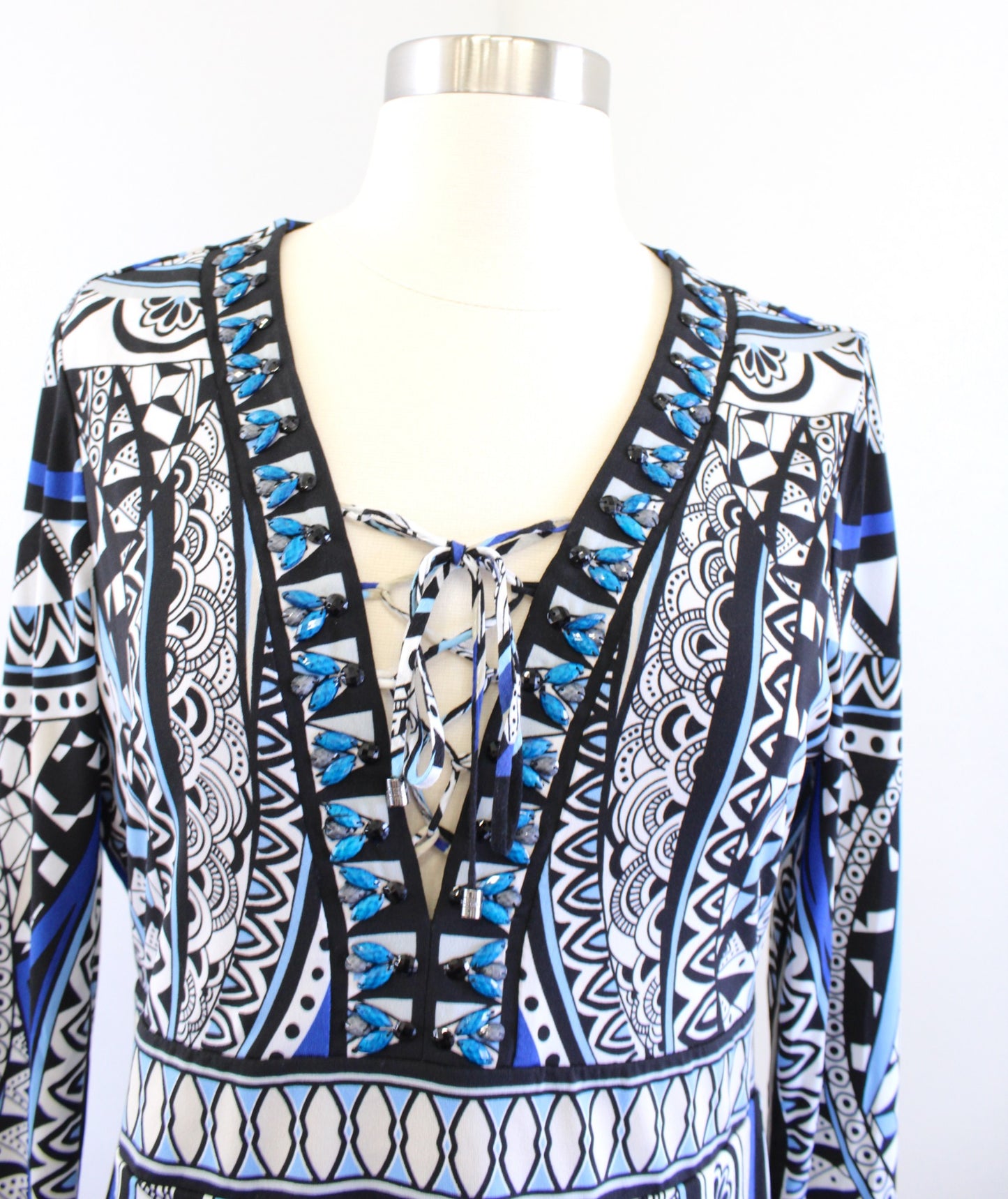 Hale Bob Black Blue Geometric Mosaic Print Lace Up Beaded Neckline Dress Size M