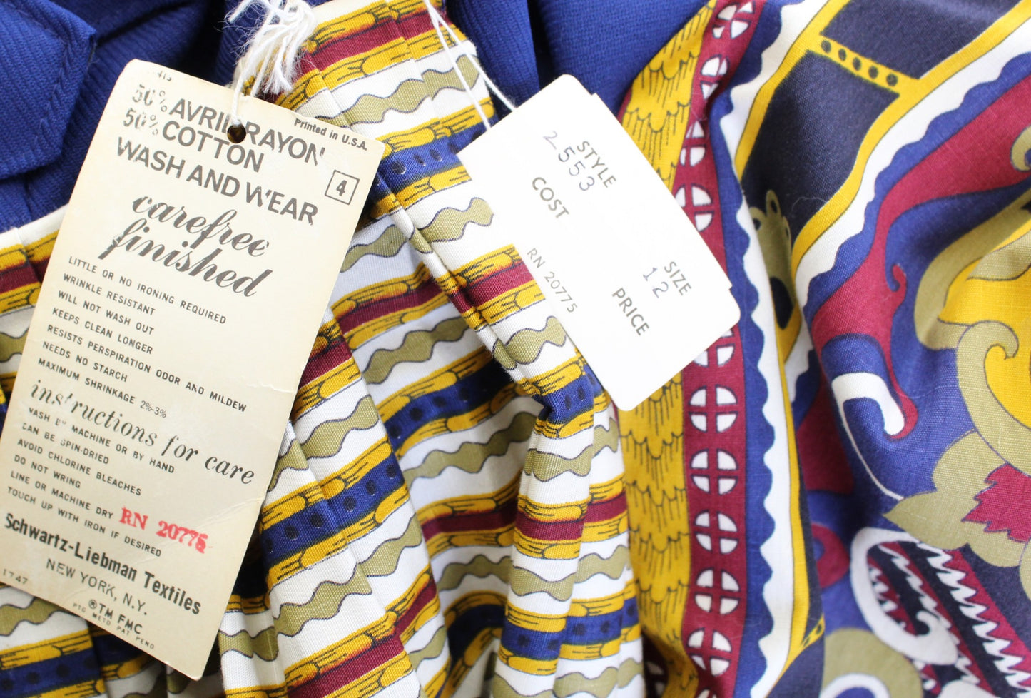 Vtg NWT Deadstock Navy Blue Yellow Printed Belted Shirt Dress Size 12 70s 80s