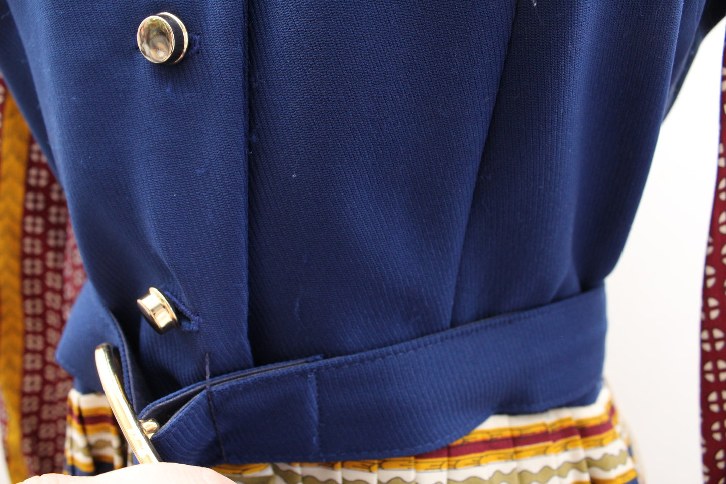 Vtg NWT Deadstock Navy Blue Yellow Printed Belted Shirt Dress Size 12 70s 80s