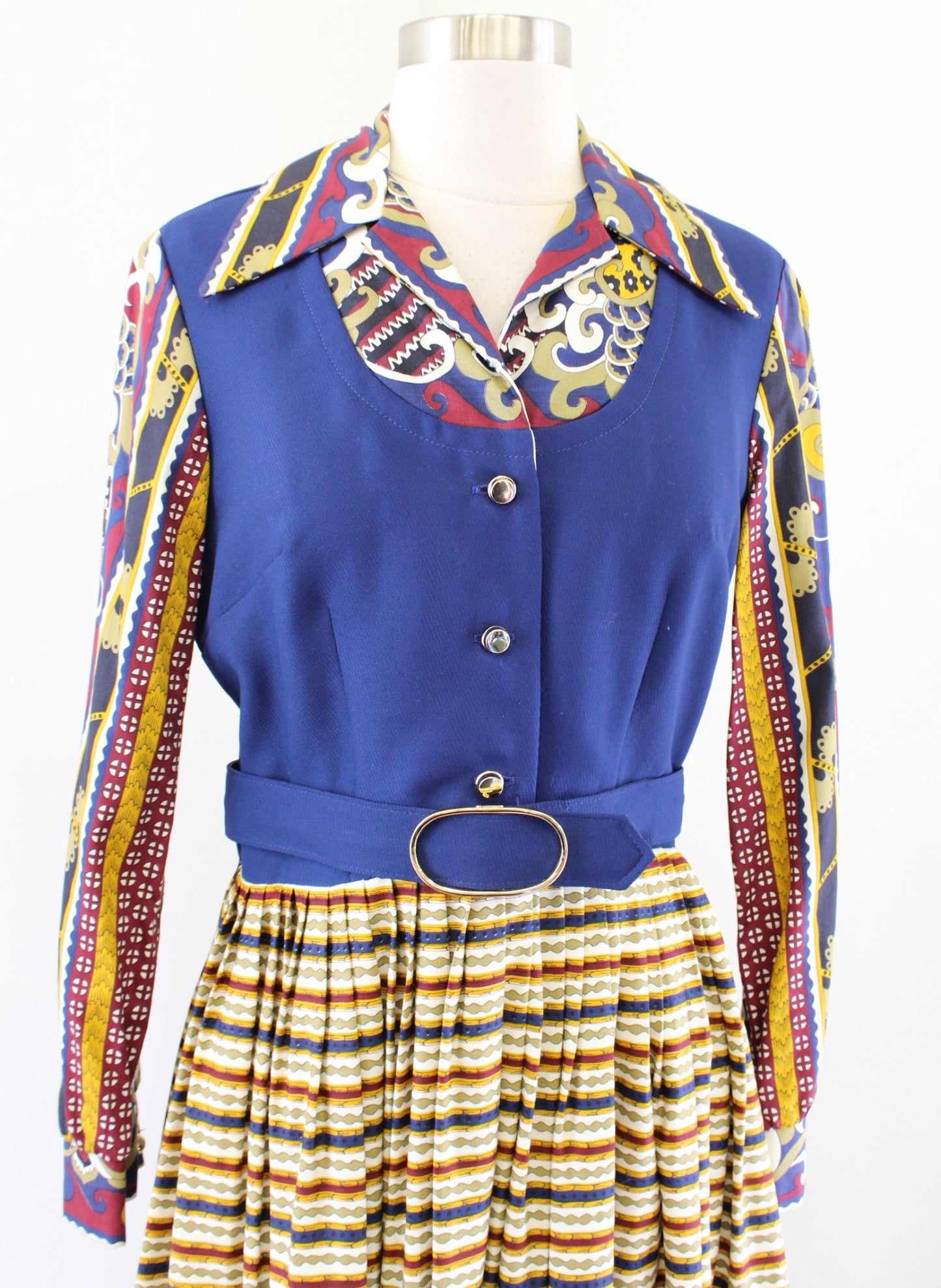 Vtg NWT Deadstock Navy Blue Yellow Printed Belted Shirt Dress Size 12 70s 80s