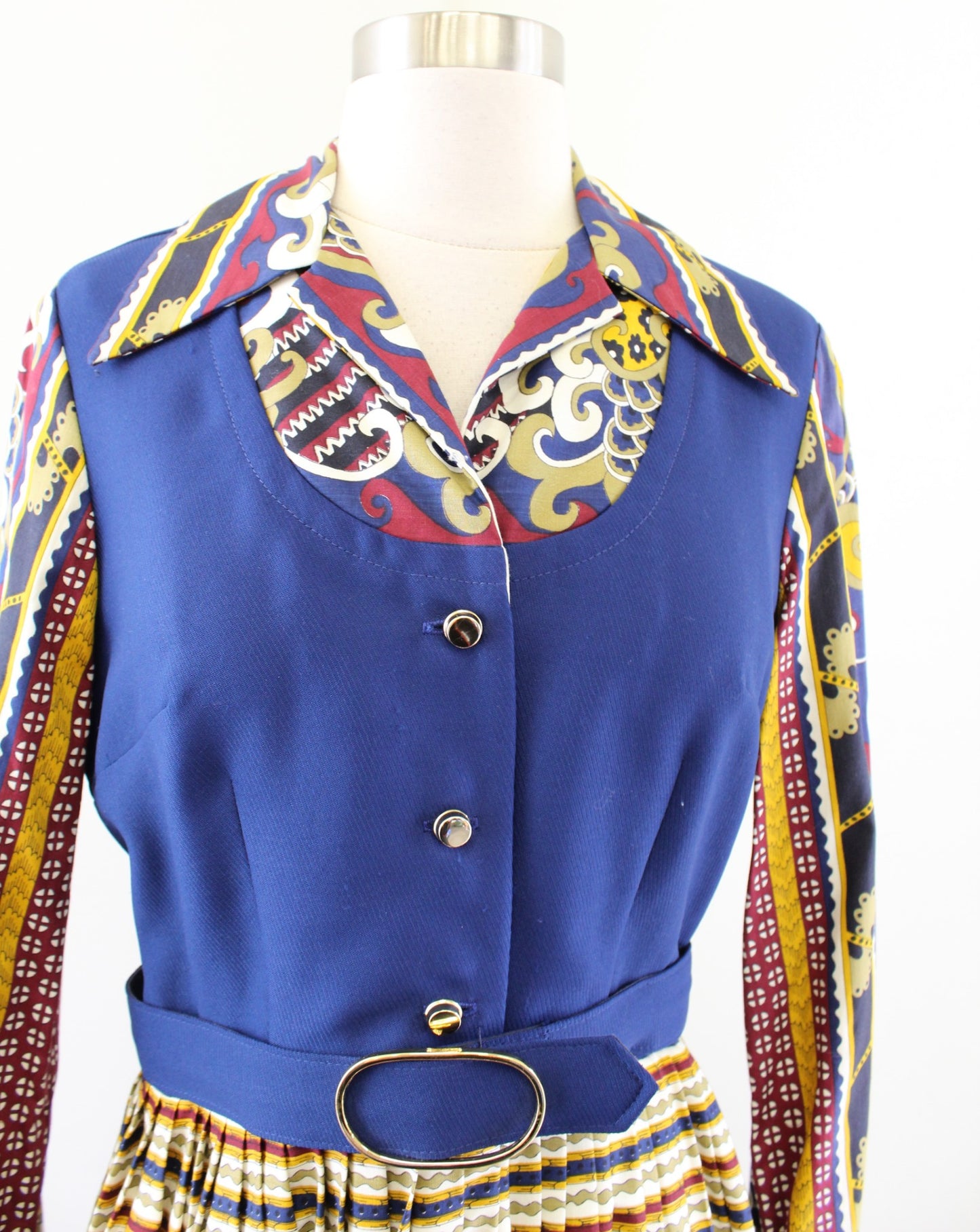 Vtg NWT Deadstock Navy Blue Yellow Printed Belted Shirt Dress Size 12 70s 80s