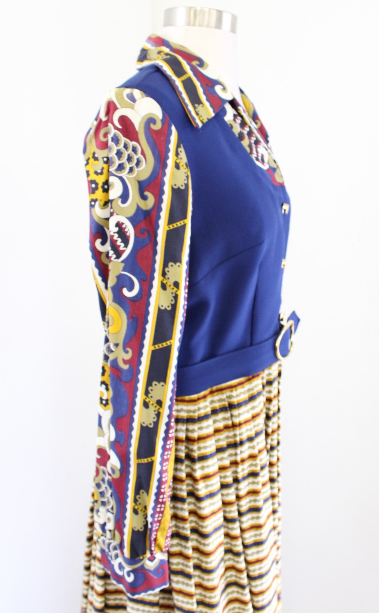 Vtg NWT Deadstock Navy Blue Yellow Printed Belted Shirt Dress Size 12 70s 80s